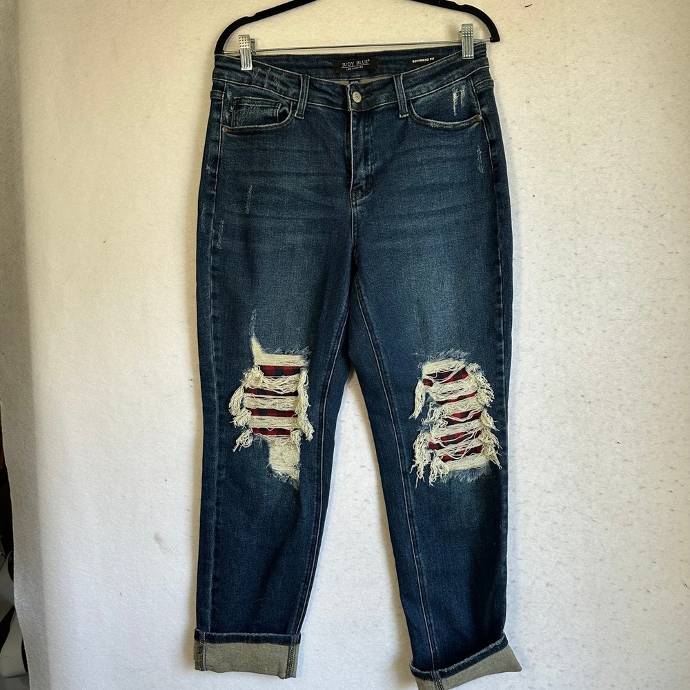 Judy Blue Boyfriend Fit Distressed Plaid Patch Jeans Dark Wash Denim Size 11/30